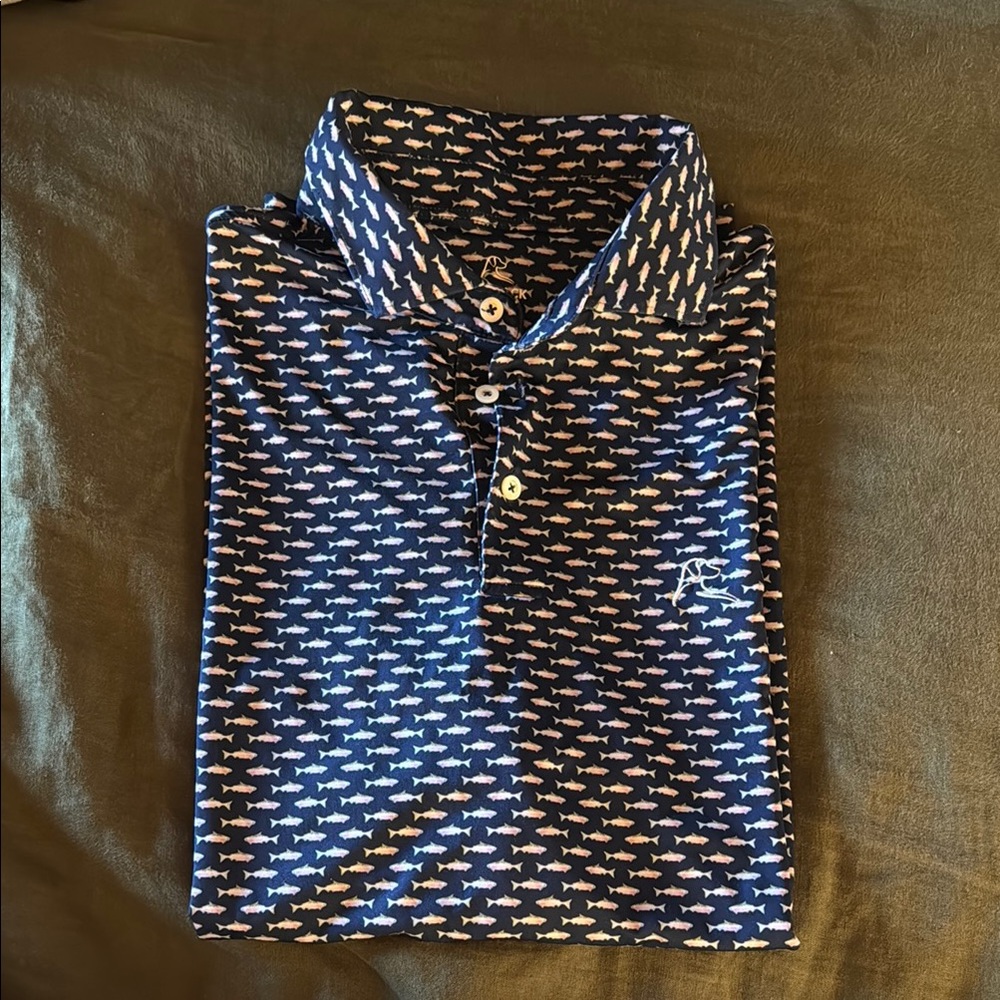 Rhoback Men's L Navy Fish Print Polo Shirt